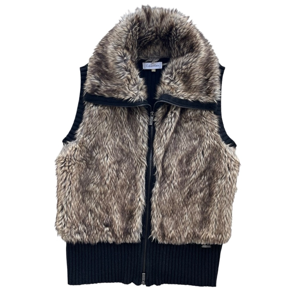 Calvin Klein Women S Brown Faux Fur Front Black Sweater Knit Wool Blend Zip Vest